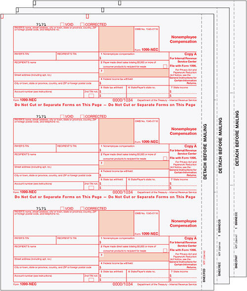 Laser 1099-NEC (non-employee compensation) 3 part set