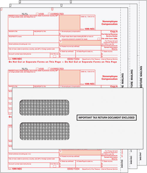 BUNDLE - Laser 1099-NEC (non-employee compensation) 3 part set w/envelopes